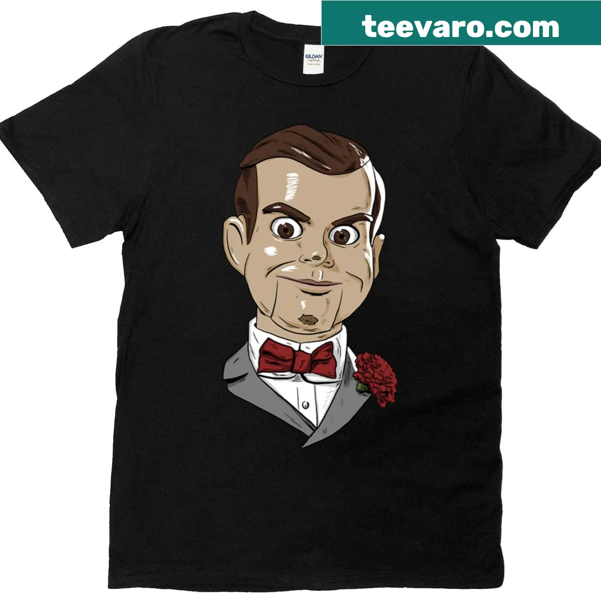 Graphic of Slappy The Dummy character on a spooky-themed shirt — on a men's t-shirt