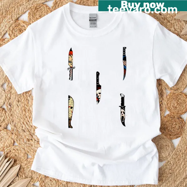 T-shirt featuring iconic slasher knives as a tribute to horror legends