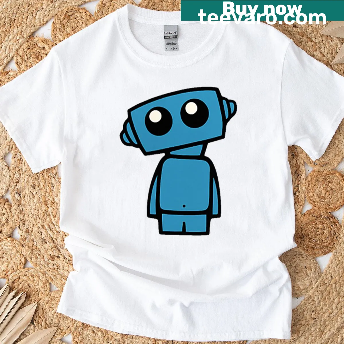 Playful cartoon t-shirt featuring a small blue robot — on a men's t-shirt