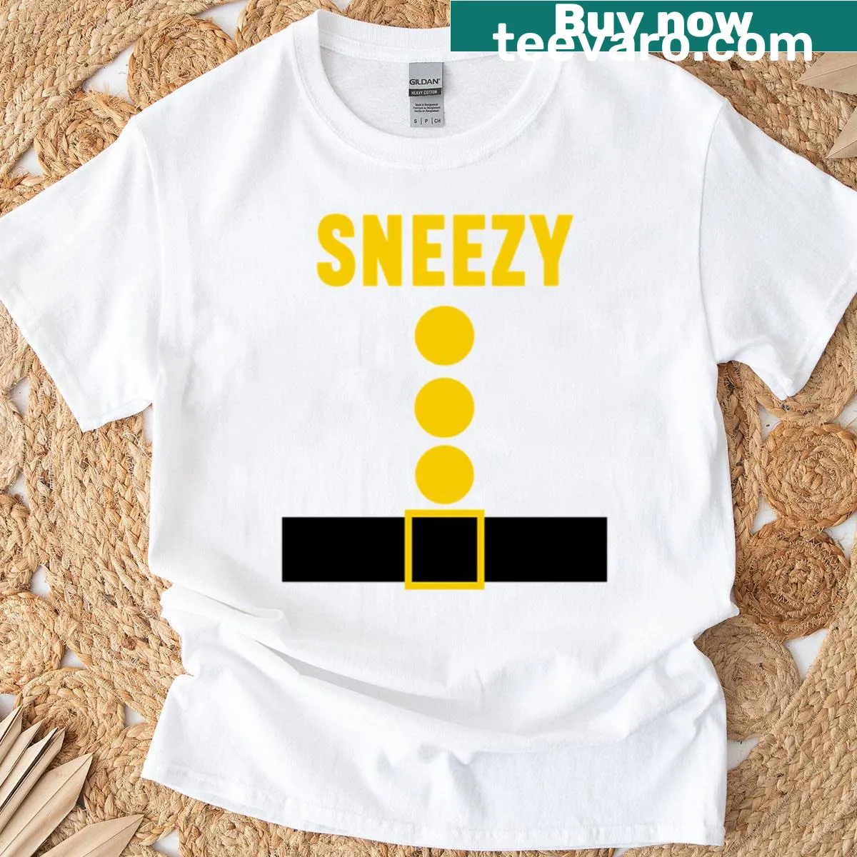 Sneezy dwarf cartoon T-shirt for Halloween — on a men's t-shirt