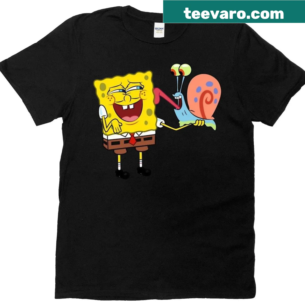 T-shirt featuring Spongebob and Gary illustrations — on a men's t-shirt