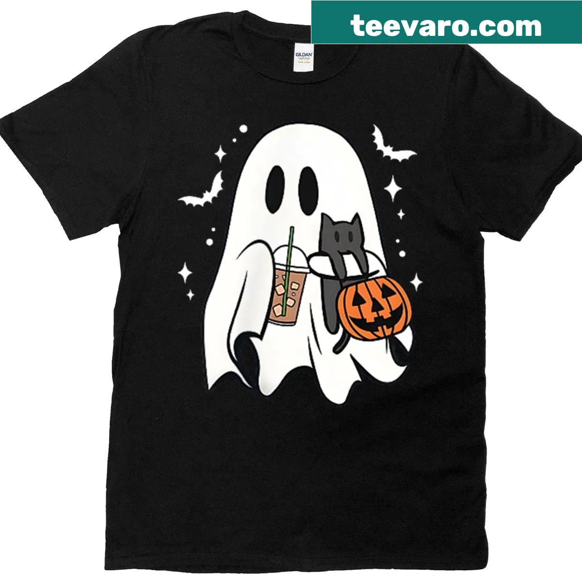 Cartoon ghost with a black cat and iced coffee on a T-shirt — on a men's t-shirt