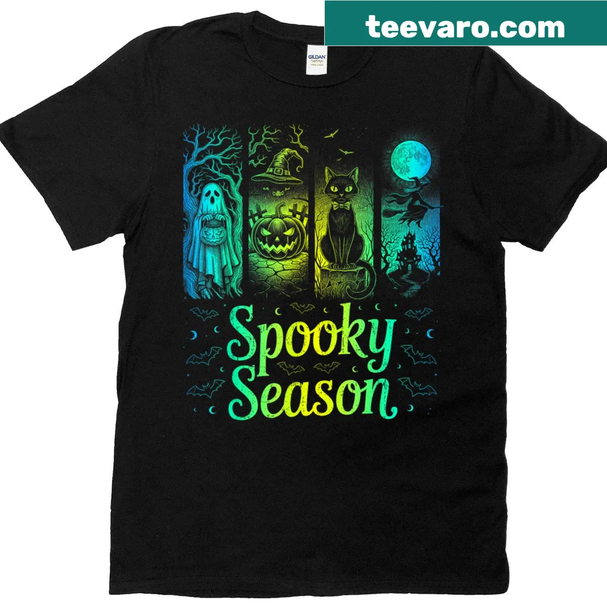 Halloween T-shirt with cartoon witch cat and pumpkin design — on a men's t-shirt