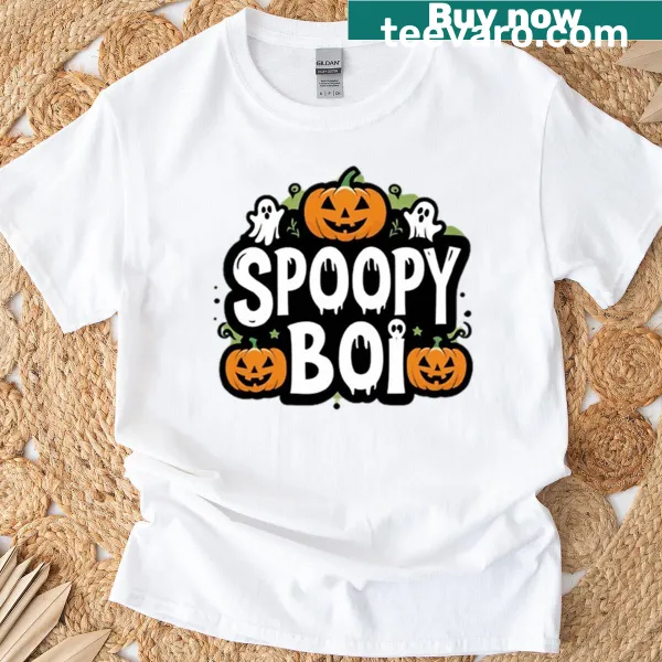 T-shirt featuring the playful phrase 'Spoopy Boi'