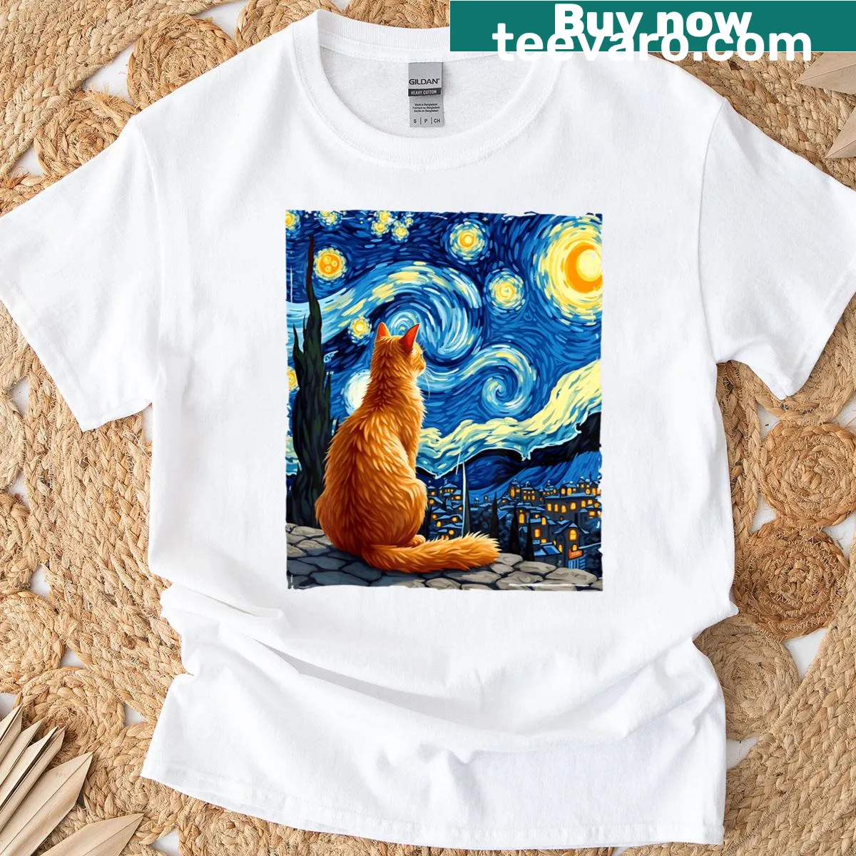 Artistic T-shirt featuring a cat in the style of Van Gogh's Starry Night — on a men's t-shirt
