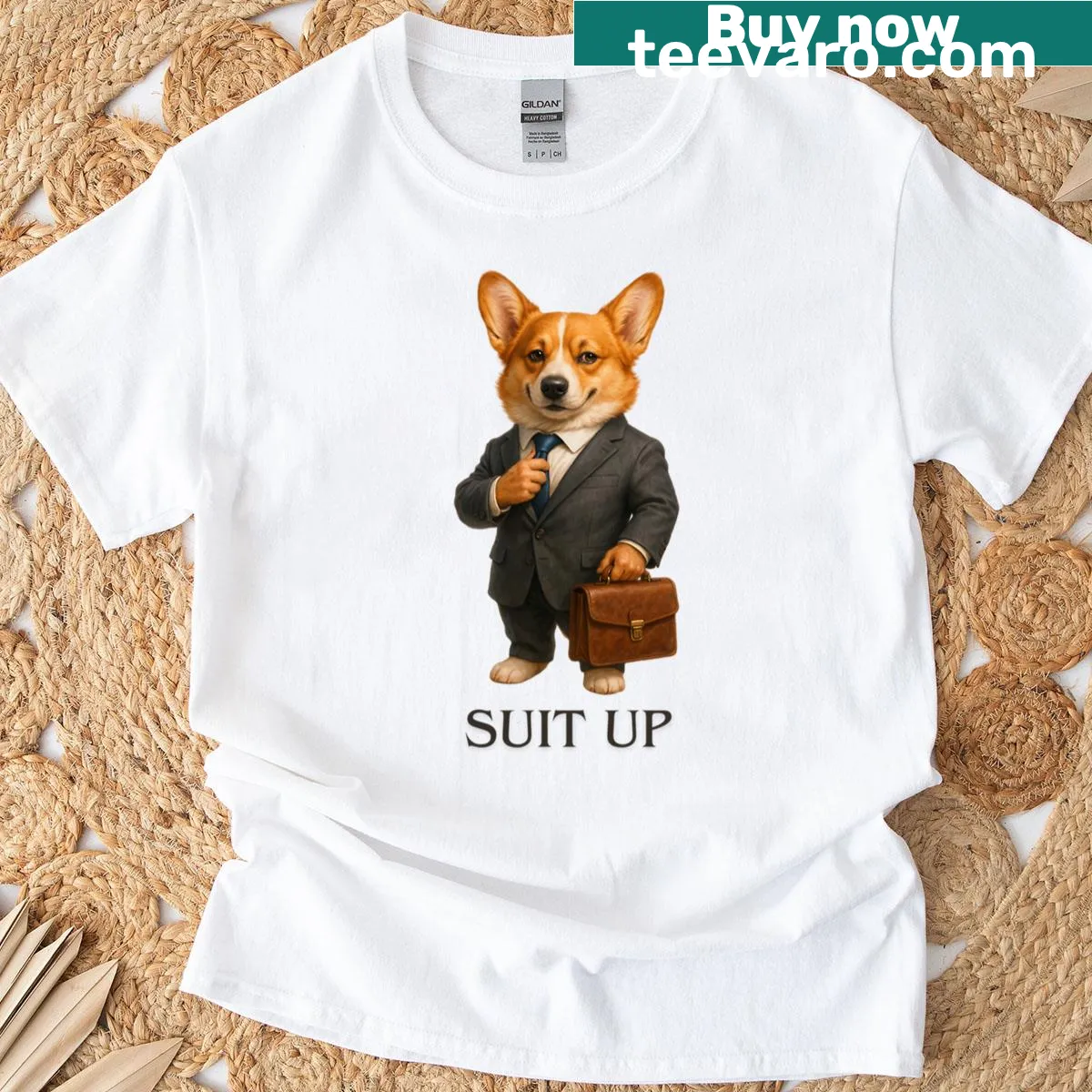 Cute t-shirt featuring a corgi in a suit illustration — on a men's t-shirt