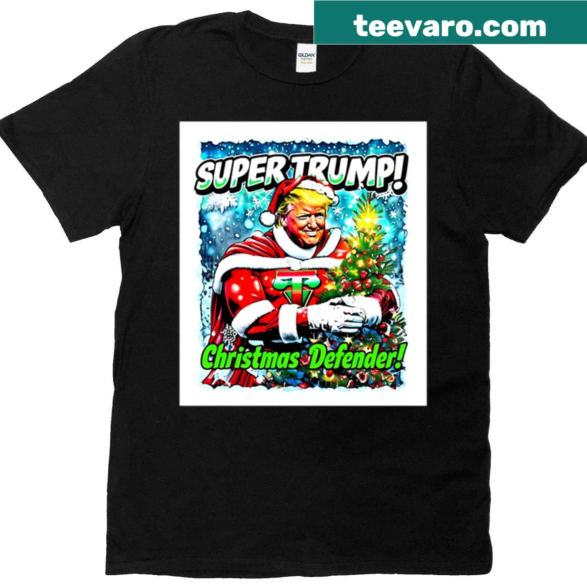 Pop art Christmas-themed T-shirt featuring a whimsical holiday design — on a men's t-shirt