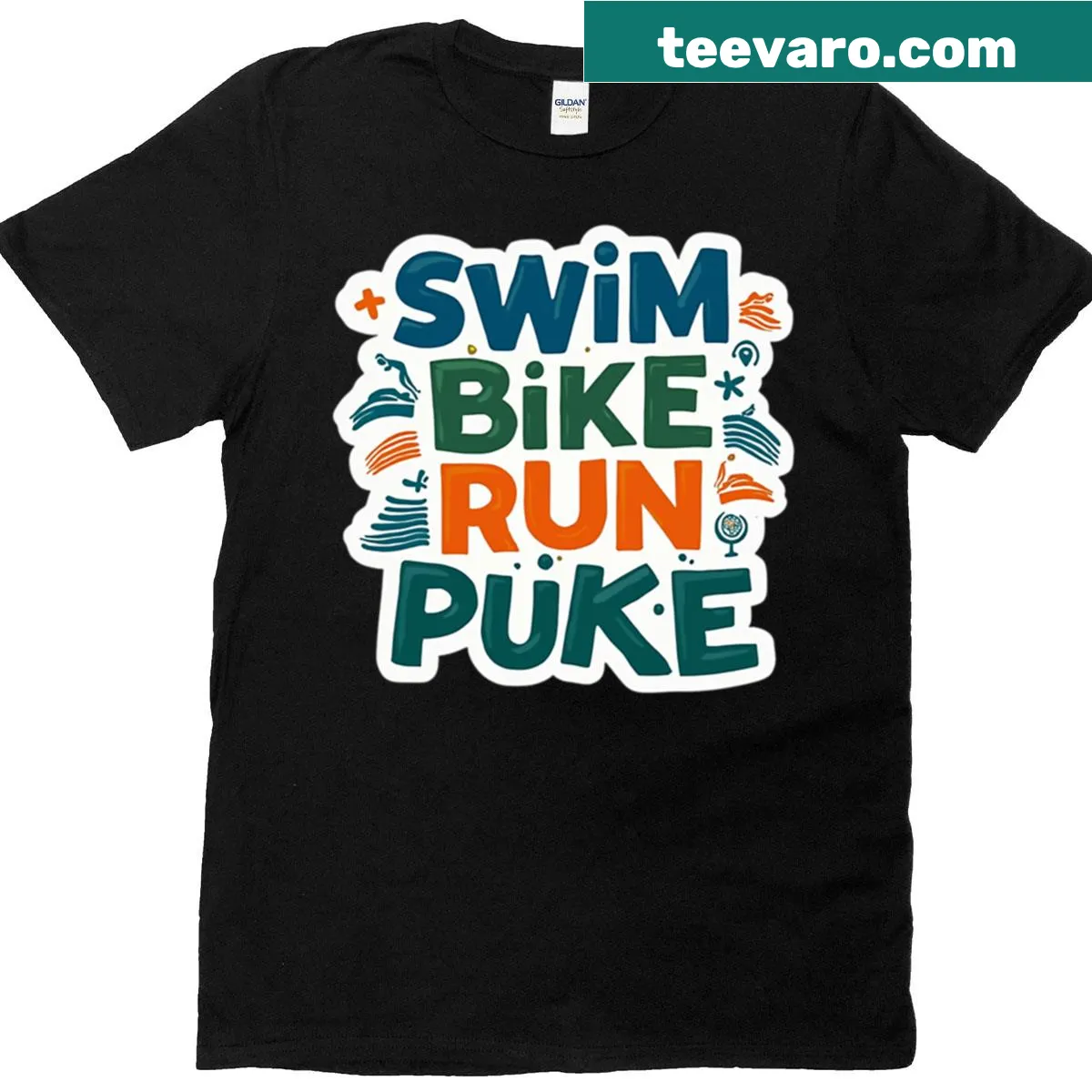 Funny triathlon-themed T-shirt with swim, bike, and run graphic. — on a men's t-shirt