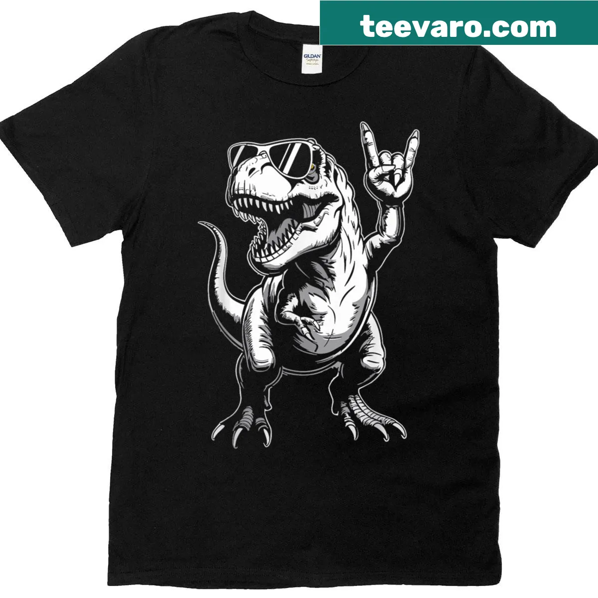 Funny T-shirt with a rocking T-Rex dinosaur illustration — on a men's t-shirt