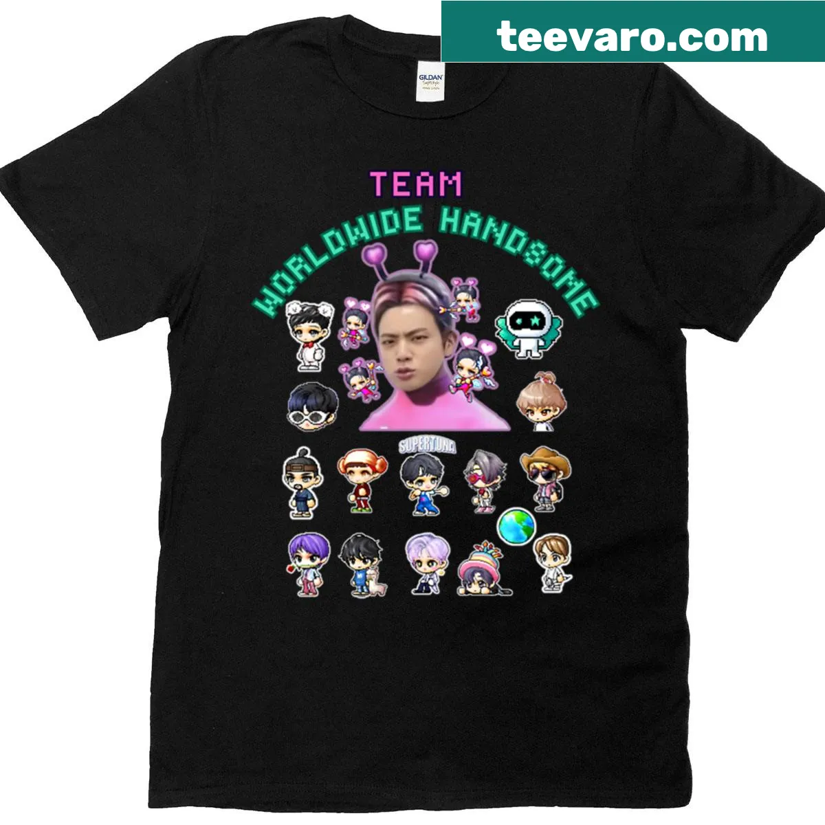 Graphic T-shirt featuring Team Jin design for Kpop fans. — on a men's t-shirt
