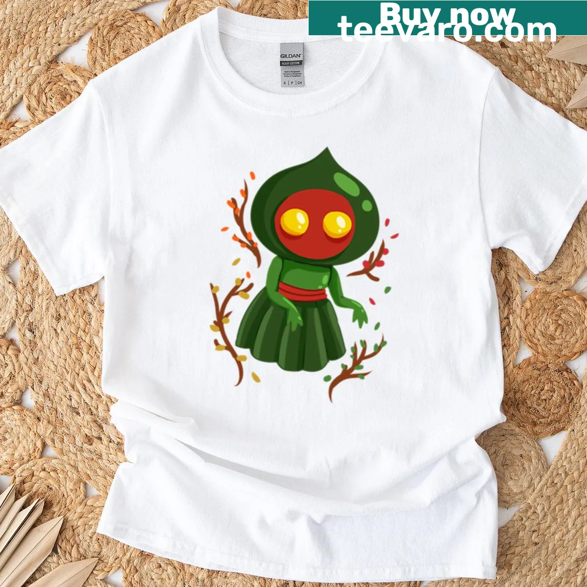 Oversized t-shirt featuring a cute cartoon Flatwoods monster illustration — on a men's t-shirt