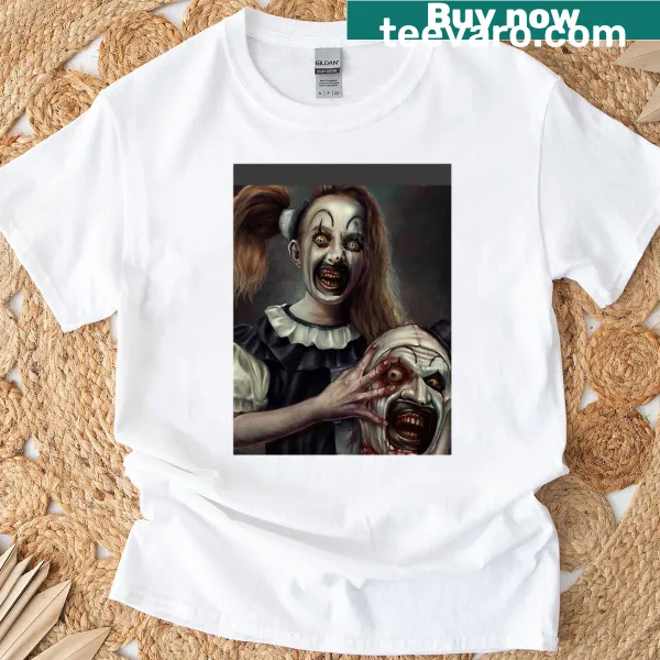 Graphic T-shirt featuring the Little Pale Girl from Terrifier 2.