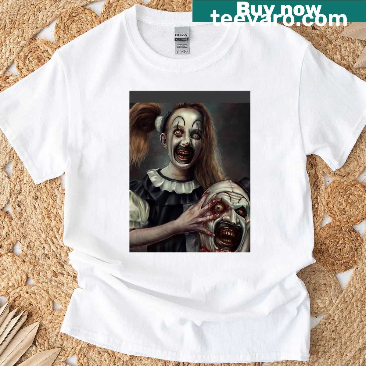 Graphic T-shirt featuring the Little Pale Girl from Terrifier 2. — on a men's t-shirt