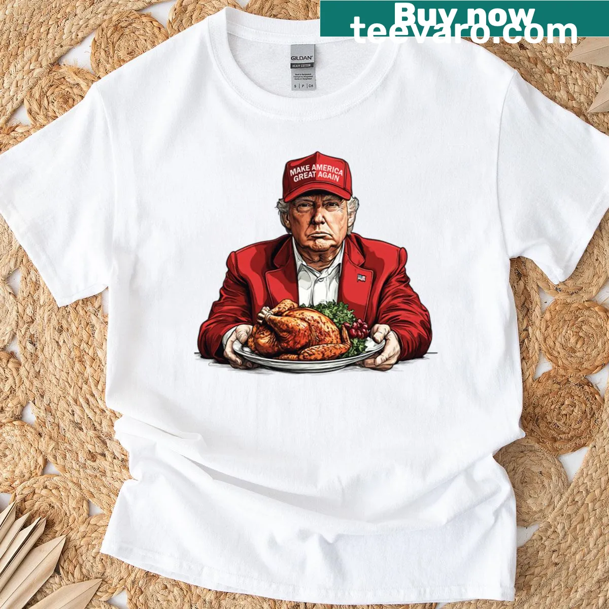 Humorous Thanksgiving Trump illustration on t-shirt — on a men's t-shirt