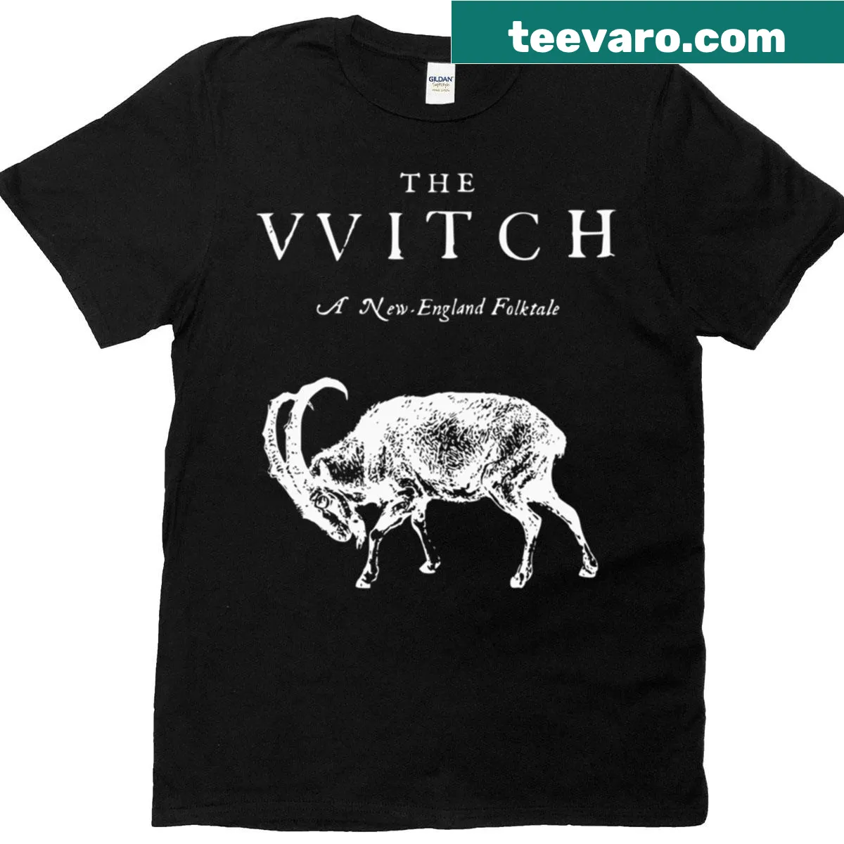 Illustrative graphic t-shirt inspired by The Vvitch with horror elements — on a men's t-shirt