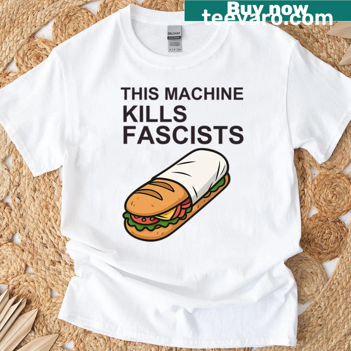 Oversized T-shirt with the statement 'This Machine Kills Fascists' — on a men's t-shirt