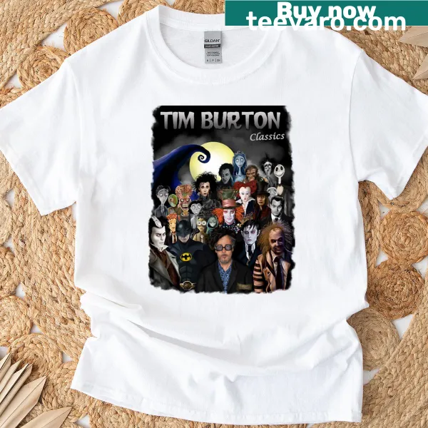 T-shirt celebrating Tim Burton's classic films with whimsical graphic