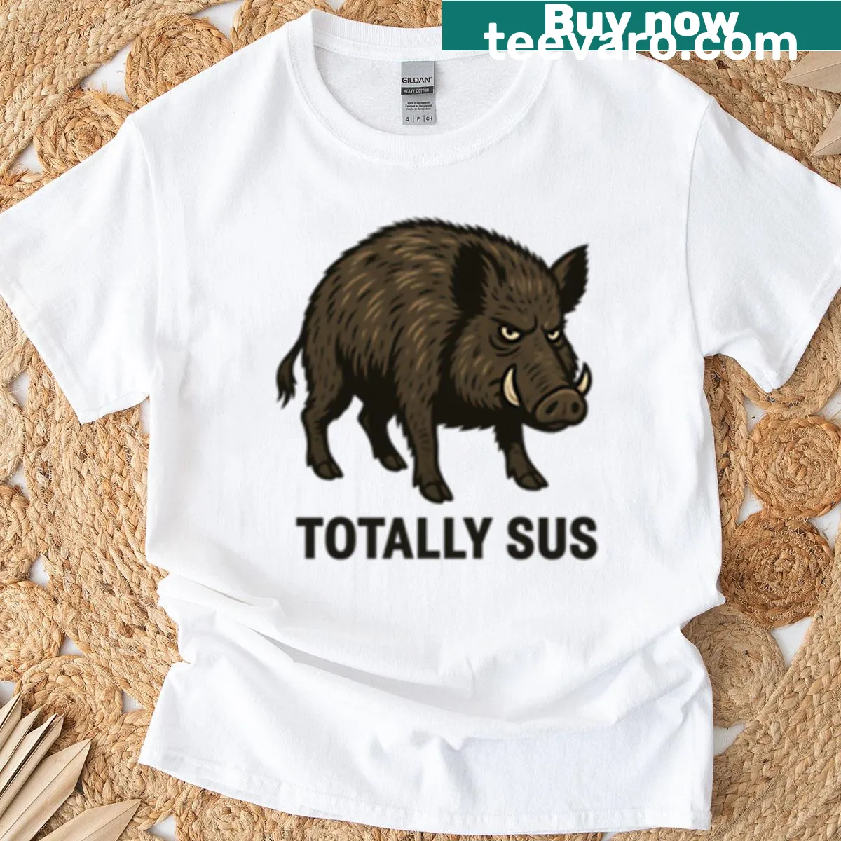 Cartoon wild boar graphic with 'Totally Sus' text on T-shirt — on a men's t-shirt