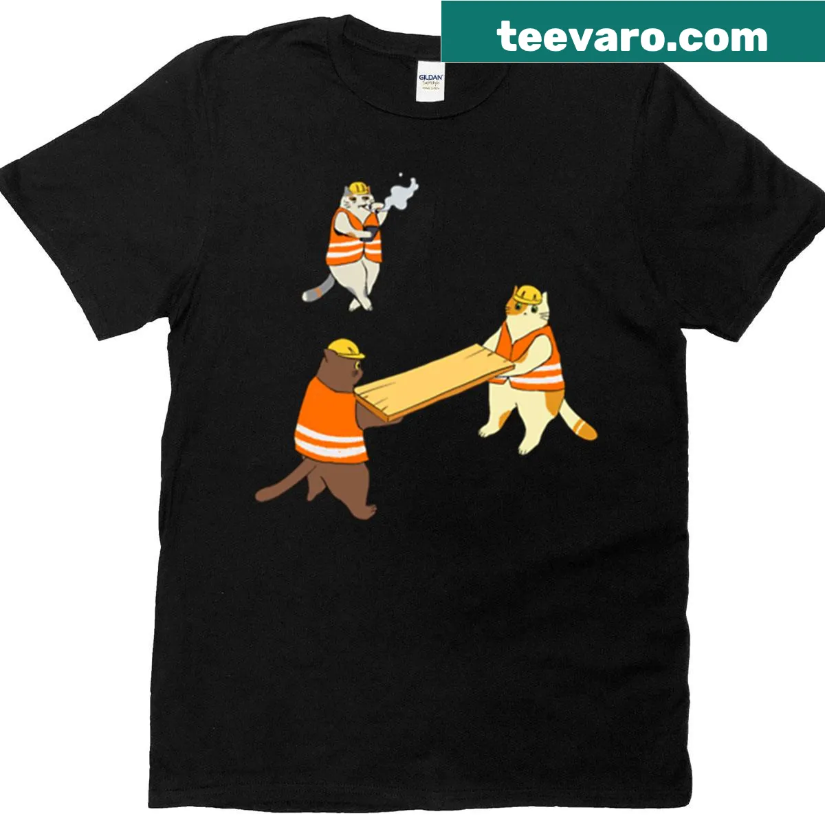 Oversized T-shirt featuring cartoon cats in trade professions — on a men's t-shirt