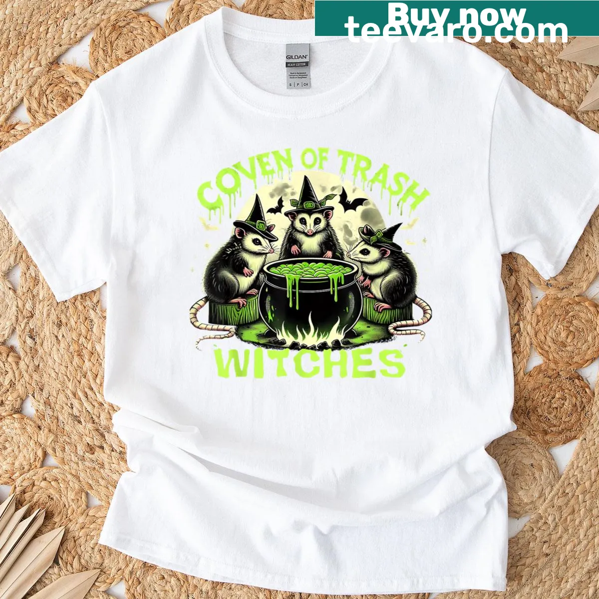 Cartoon of opossums as witches for Halloween on a t-shirt — on a men's t-shirt