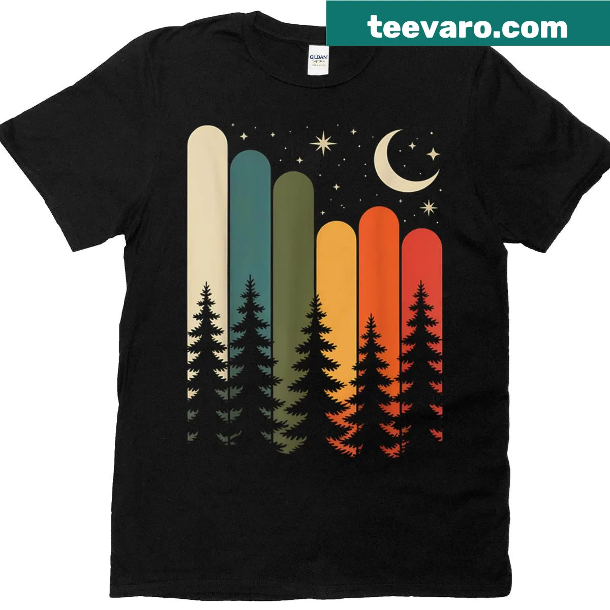 Nature-themed T-shirt with trees and mountains illustration — on a men's t-shirt