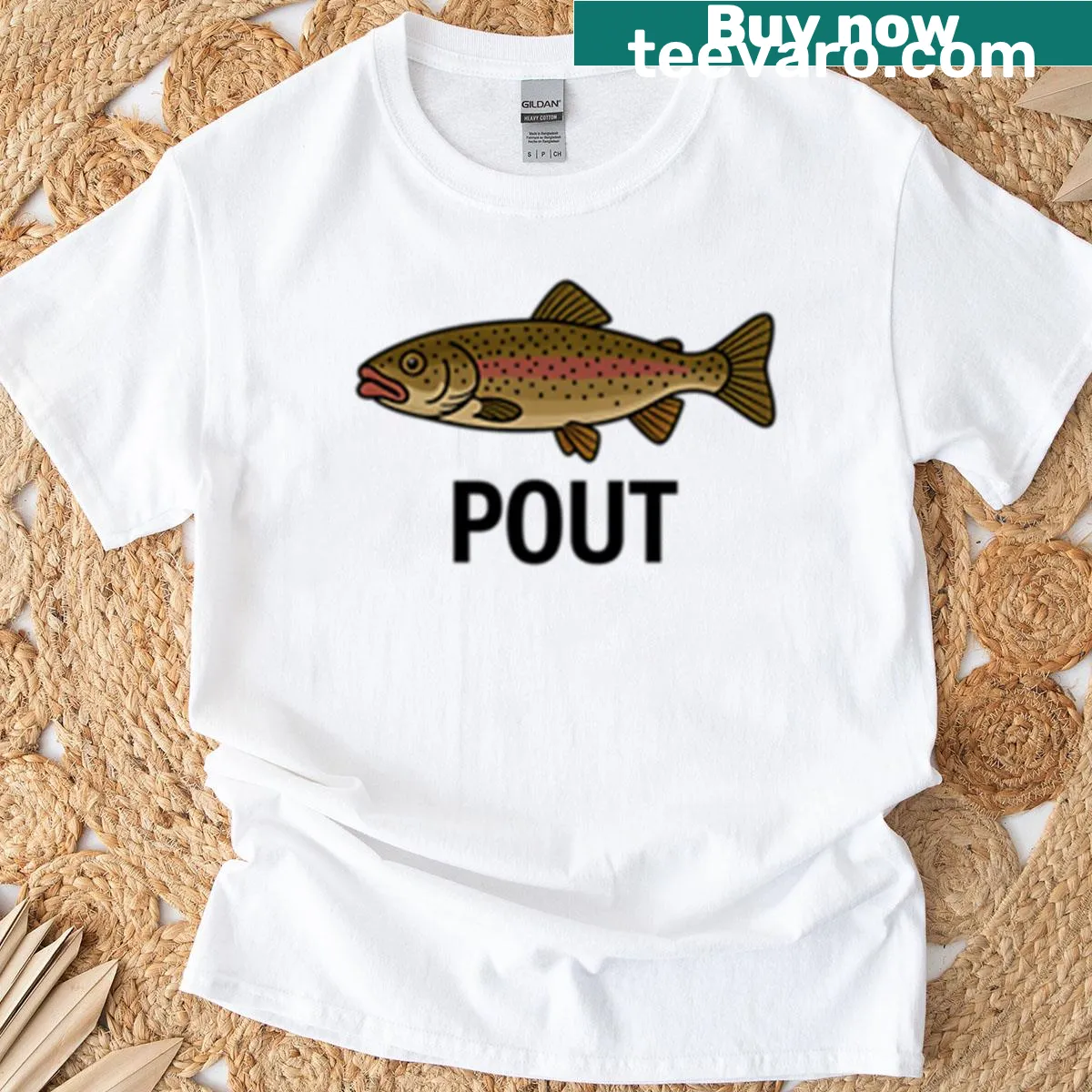 T-shirt featuring a playful rainbow trout with a pout. — on a men's t-shirt