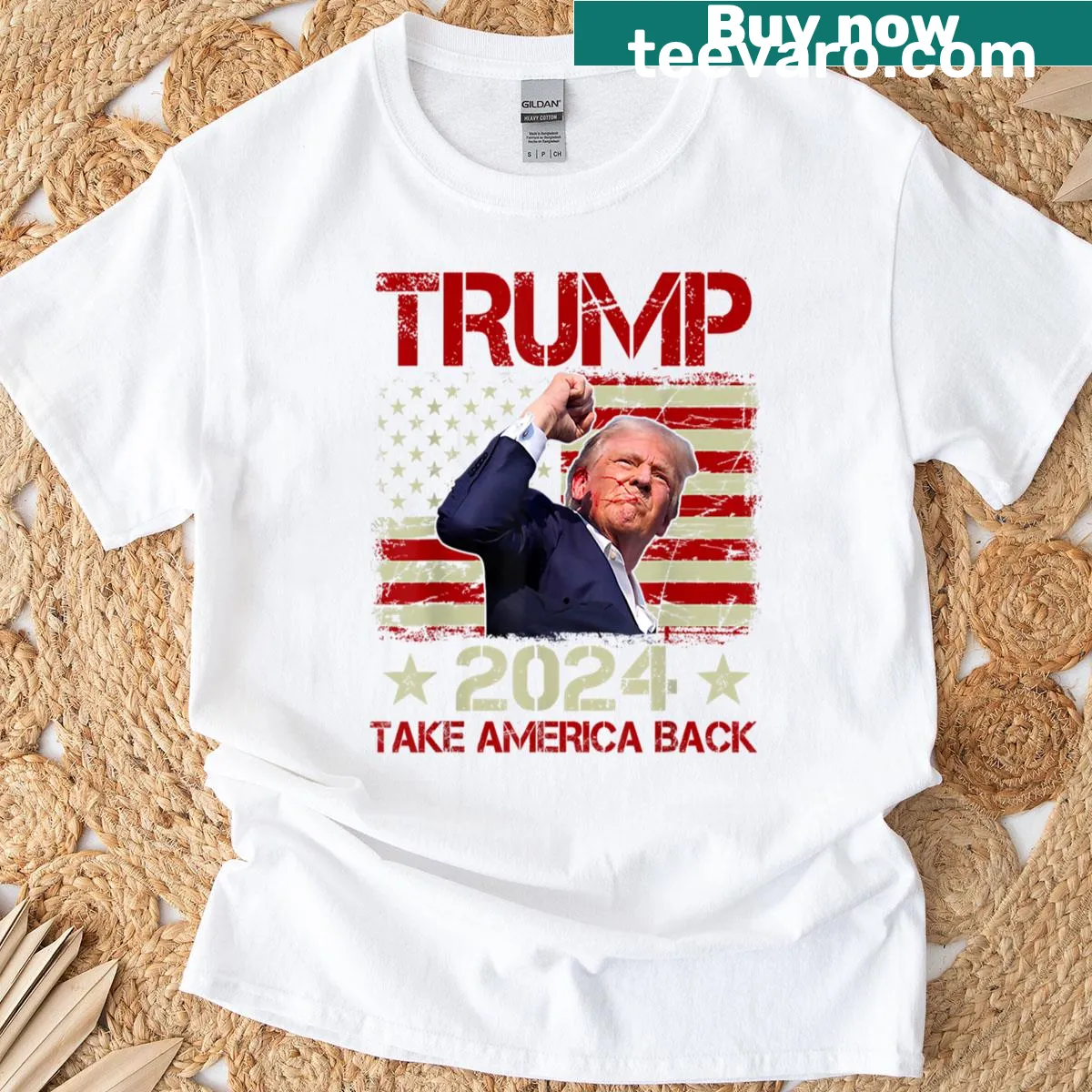 T-shirt featuring a fist pump graphic related to Trump — on a men's t-shirt