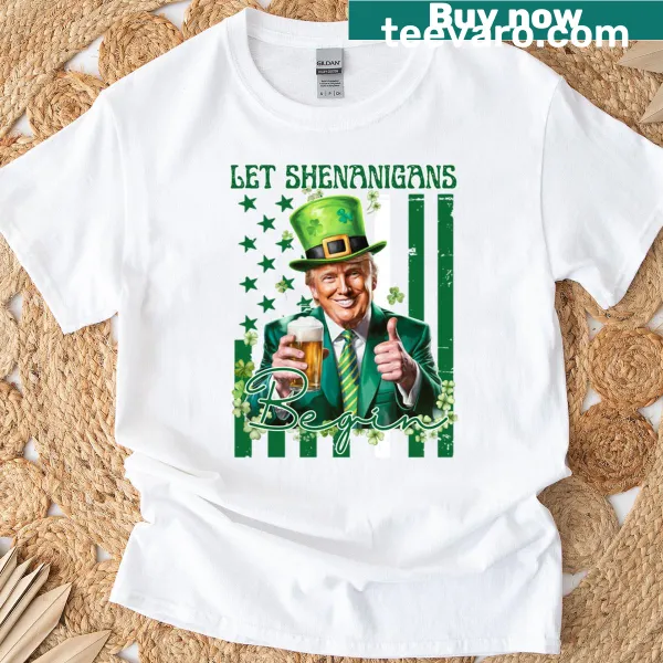 T-shirt featuring the phrase 'Let Shenanigans Begin' in playful typography