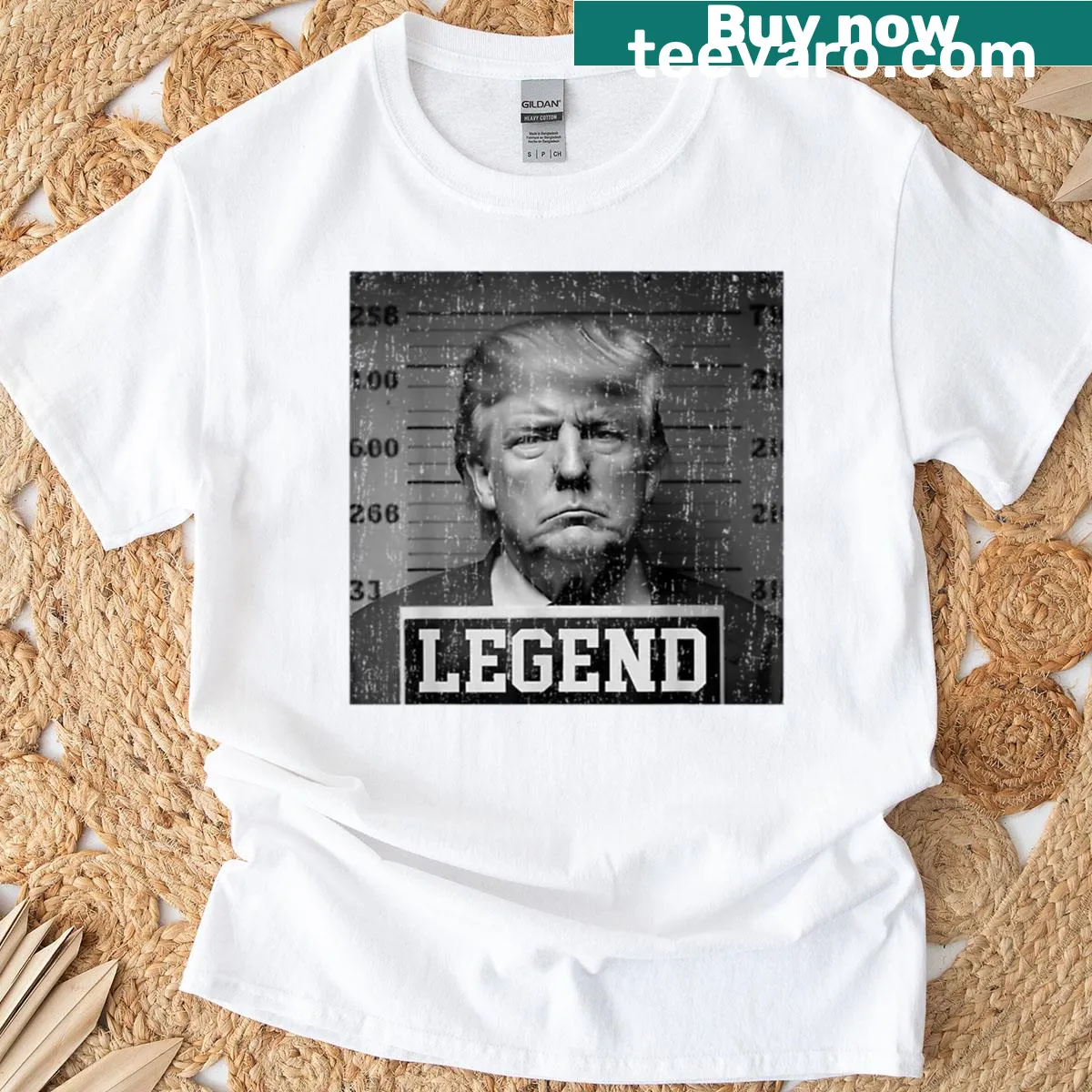 T-shirt featuring a humorous Trump mugshot design for 2024 — on a men's t-shirt
