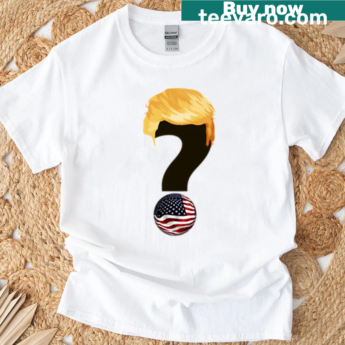 T-shirt featuring bold text: 'Trump President?' with a question mark — on a men's t-shirt