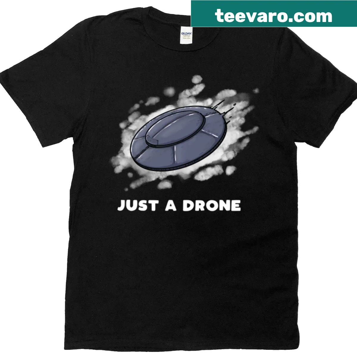 Humorous T-shirt depicting UFOs as drones in a sci-fi style — on a men's t-shirt