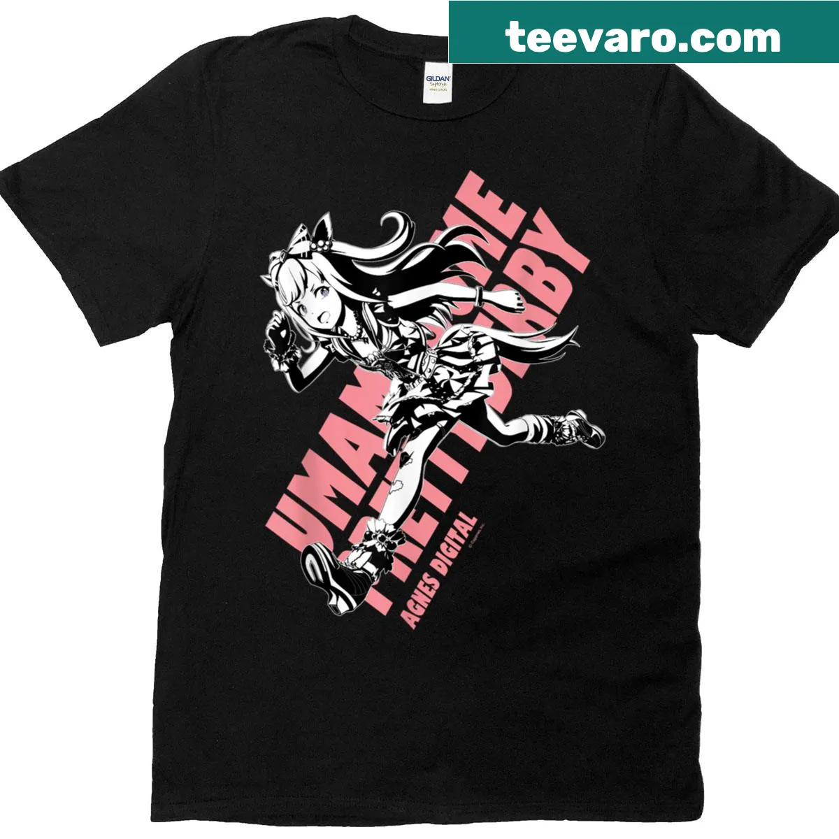 Illustrated Agnes character from Umamusume on a T-shirt — on a men's t-shirt