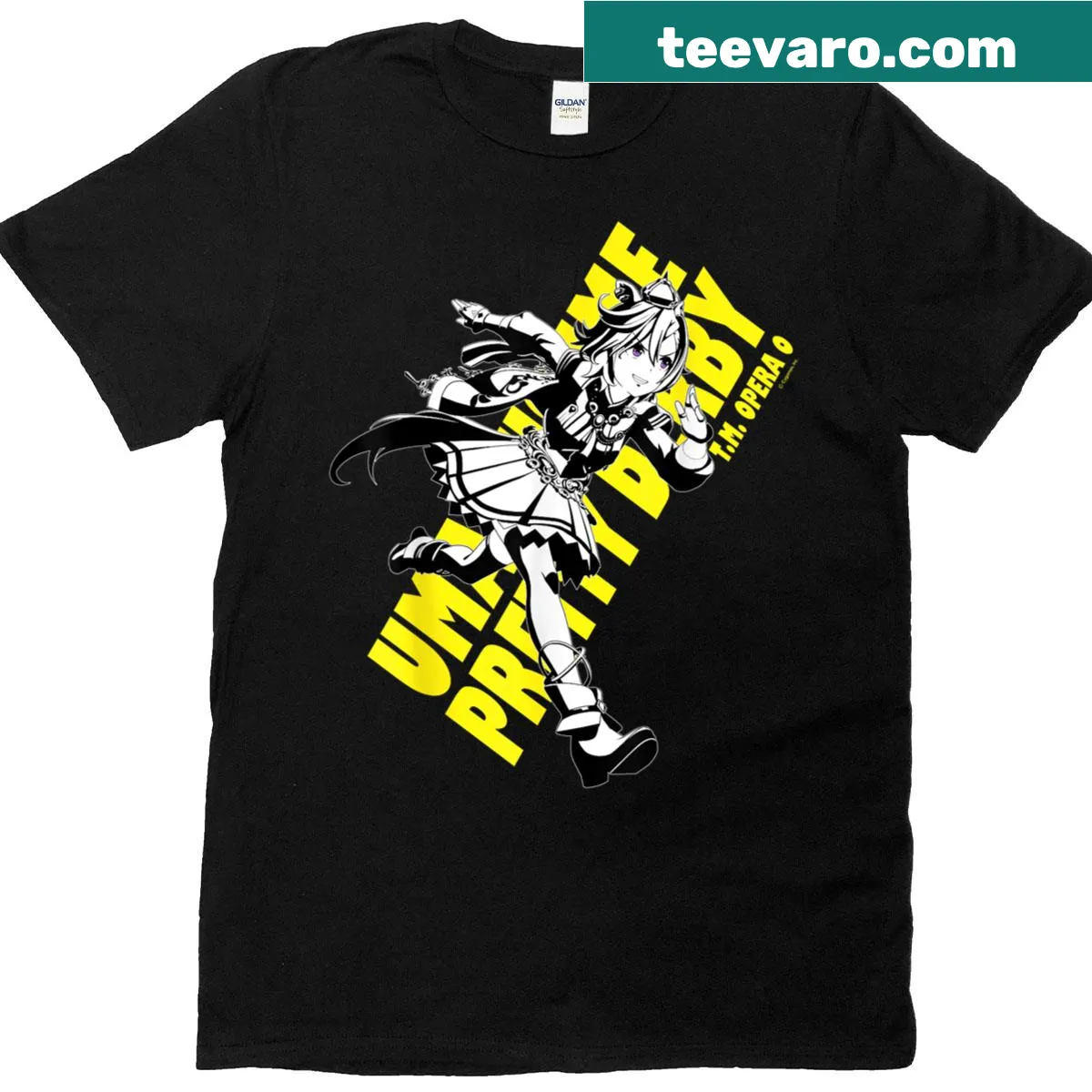 T-shirt featuring Umamusume Pretty Derby themed illustration — on a men's t-shirt
