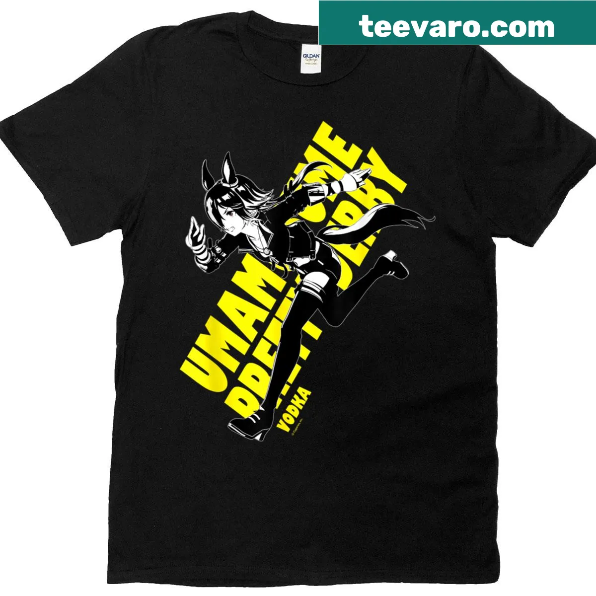 Umamusume Pretty Derby vodka-themed t-shirt — on a men's t-shirt