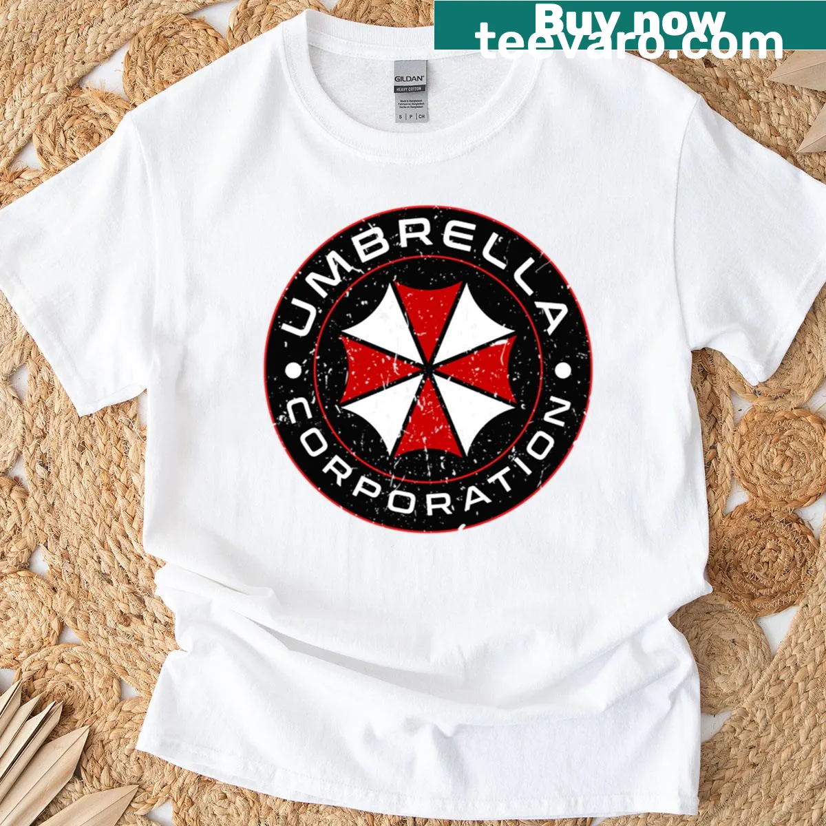 Umbrella Corporation logo graphic t-shirt design — on a men's t-shirt