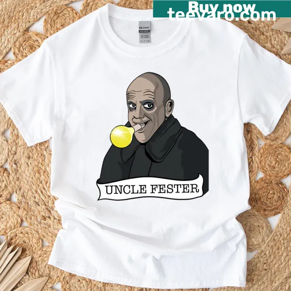 T-shirt featuring a graphic of Uncle Fester from The Addams Family