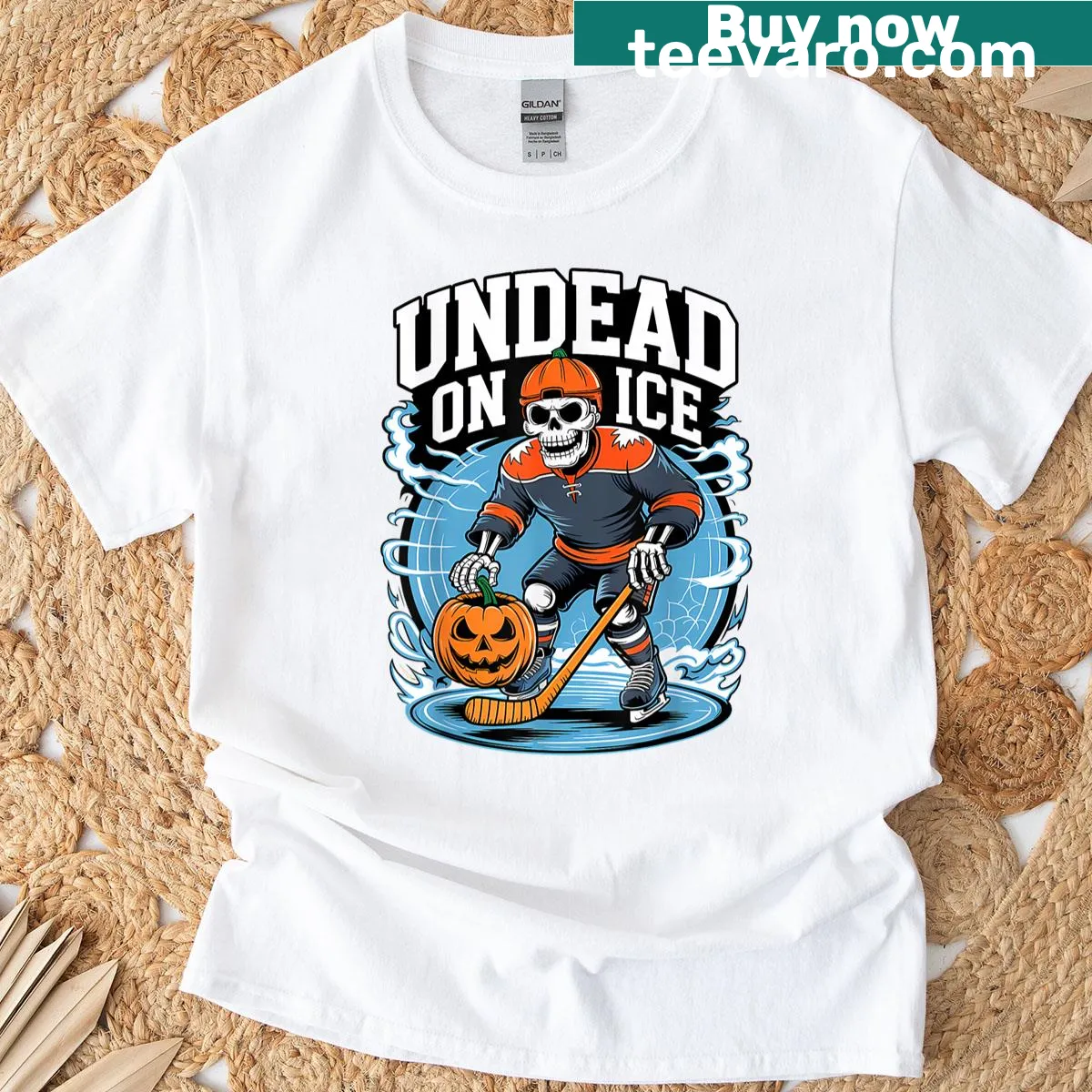 Funny Halloween T-shirt with cartoon skeletons playing hockey — on a men's t-shirt