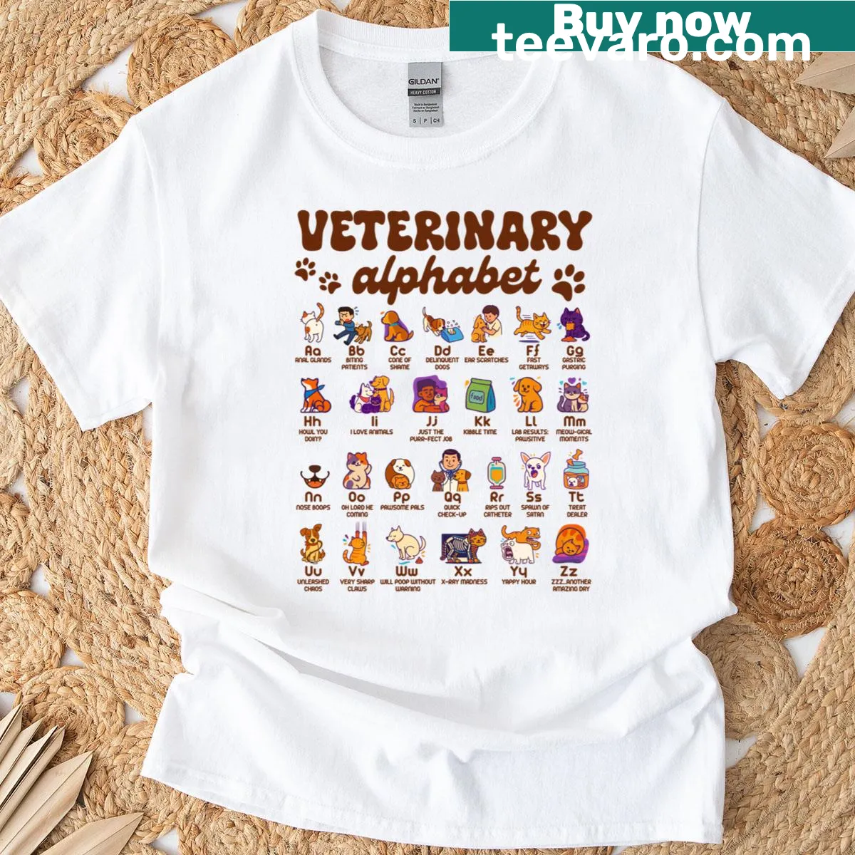 Veterinary-themed T-shirt featuring alphabet and animal graphics — on a men's t-shirt