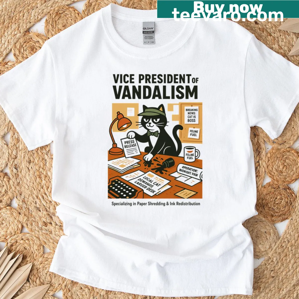 Humorous t-shirt with a smug cat and 'Vice President Of Vandalism' text — on a men's t-shirt