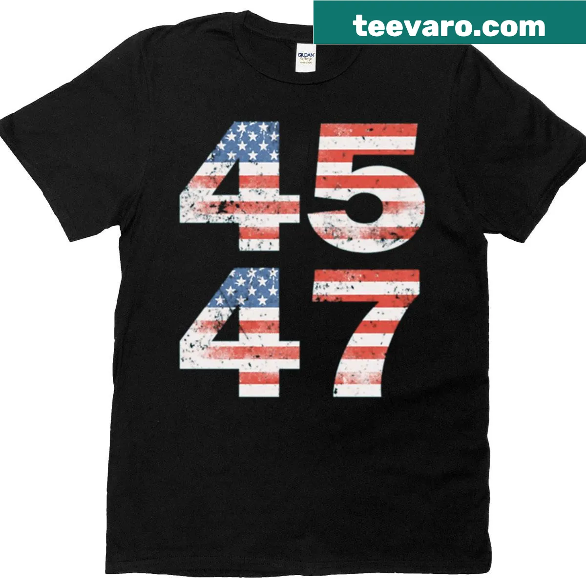 Vintage design T-shirt featuring '45 47' for Trump 2024 campaign — on a men's t-shirt