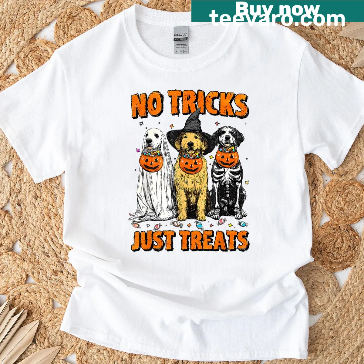 Vintage Halloween dog-themed t-shirt with treats graphic — on a men's t-shirt