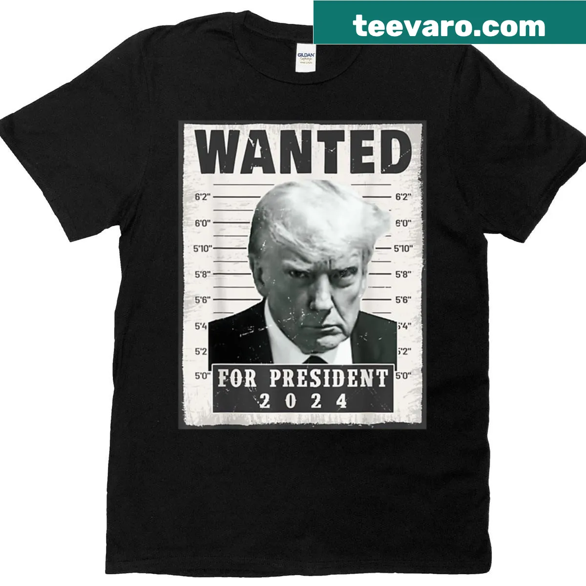 Mug shot graphic of Donald Trump with bold text for 2024 — on a men's t-shirt