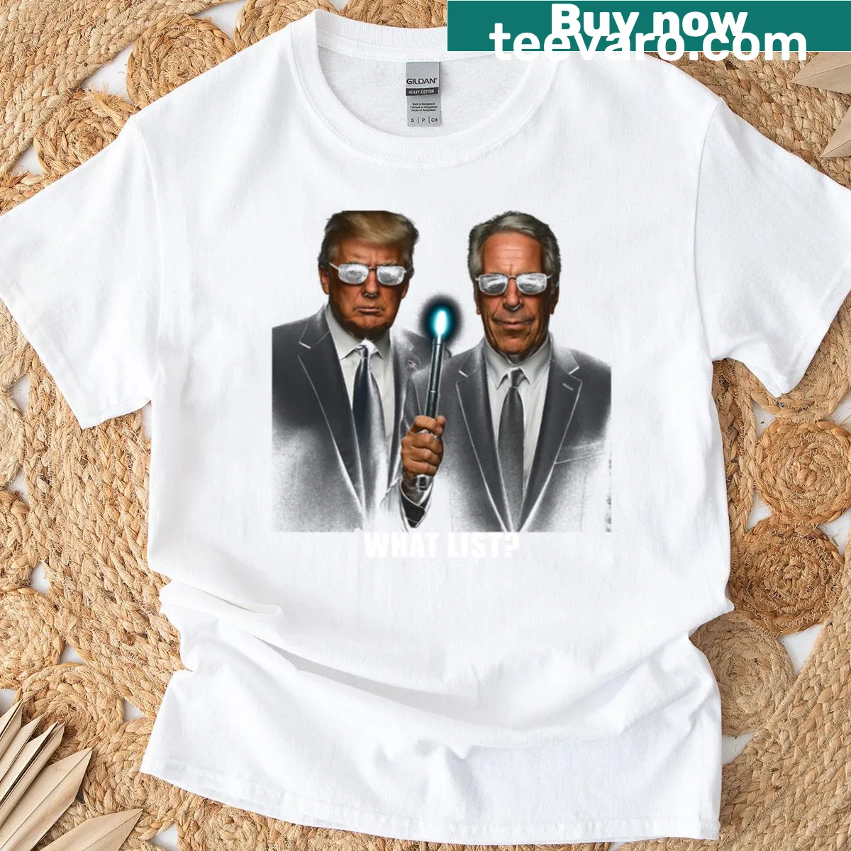 Bold text shirt featuring Donald Trump and Jeffrey Epstein's names. — on a men's t-shirt