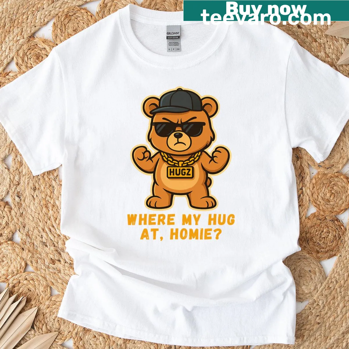 Bear with 'Hugz' chain graphic on humorous t-shirt — on a men's t-shirt