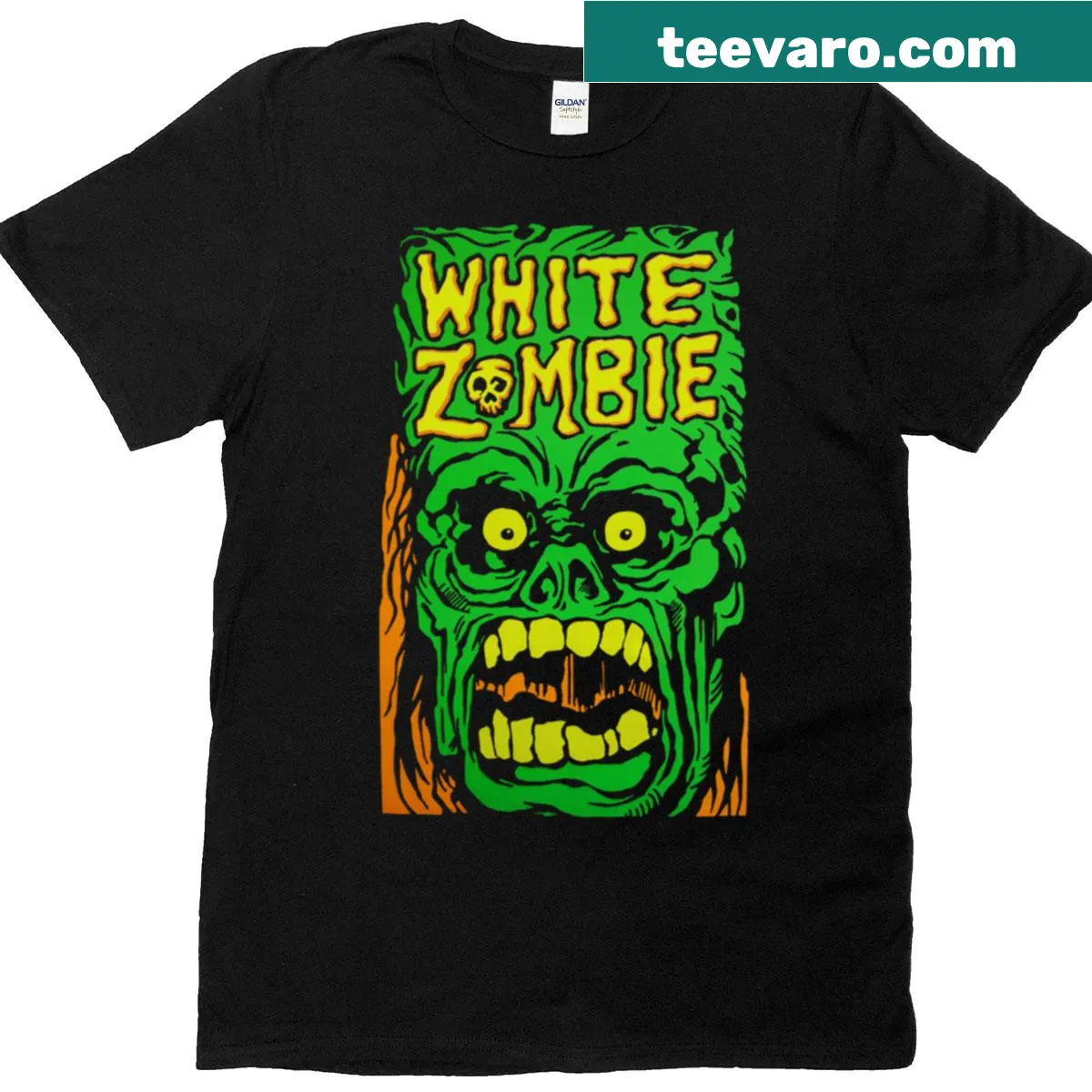 Zombie-themed T-shirt displaying a striking white zombie graphic. — on a men's t-shirt