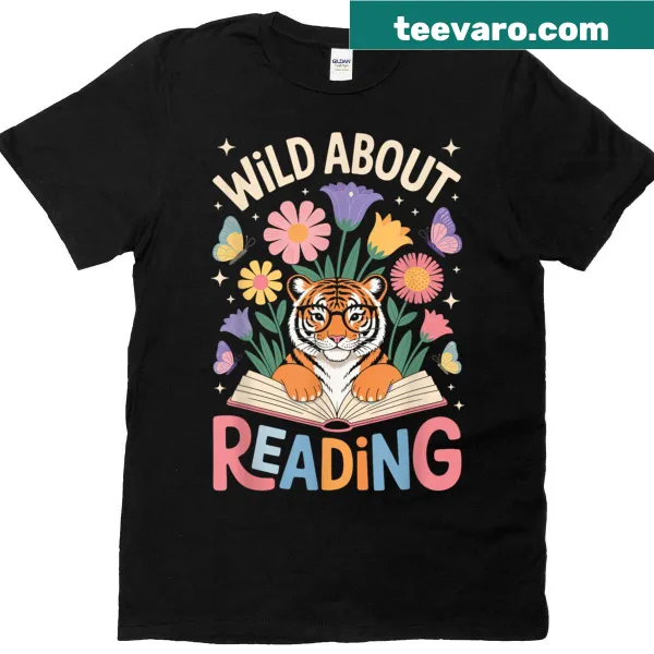 T-shirt featuring a tiger and wildflowers promoting reading