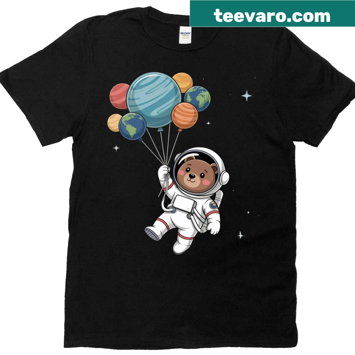 Cute astronaut bear holding planet balloons in space — on a men's t-shirt