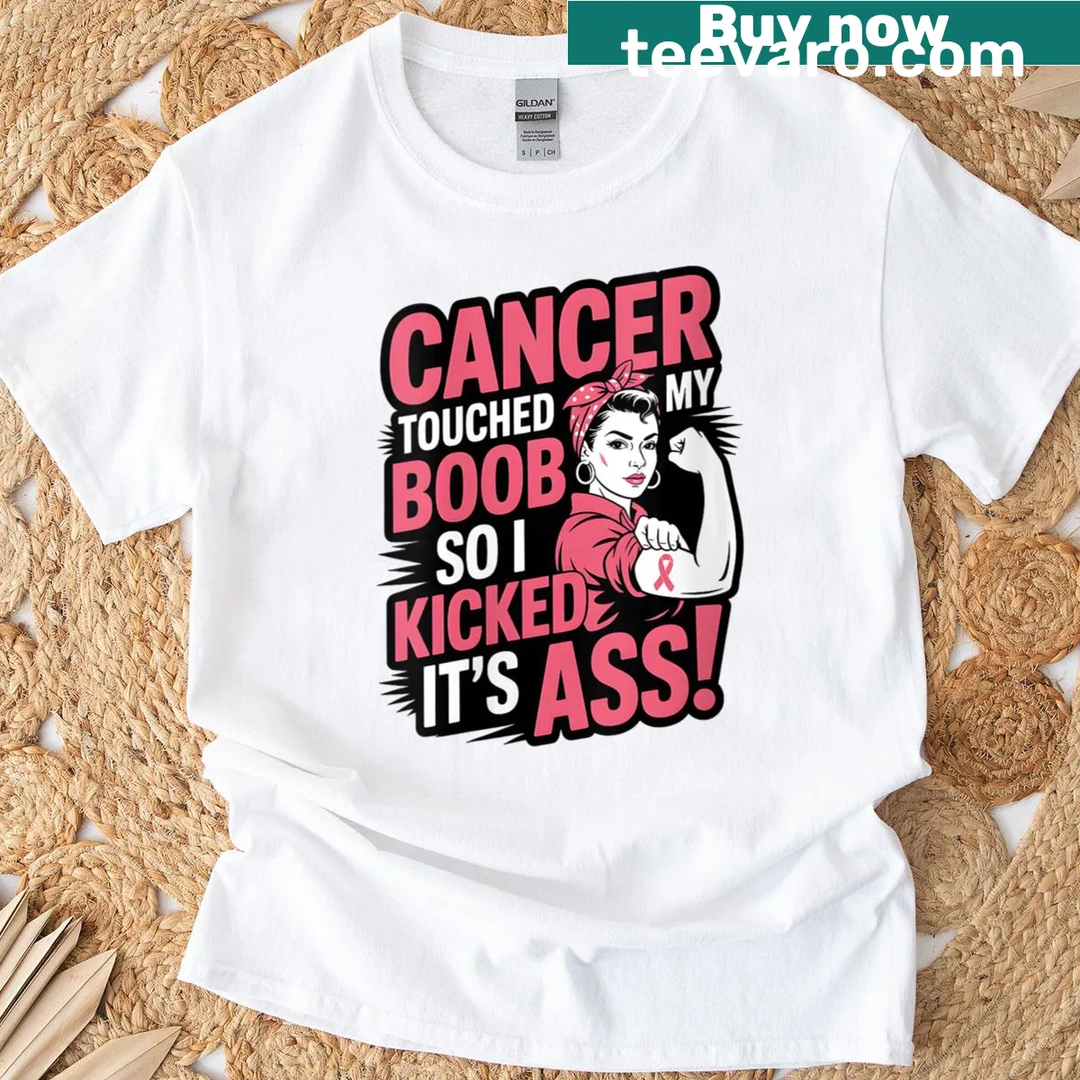 T-shirt with a bold phrase about overcoming breast cancer — on a men's t-shirt