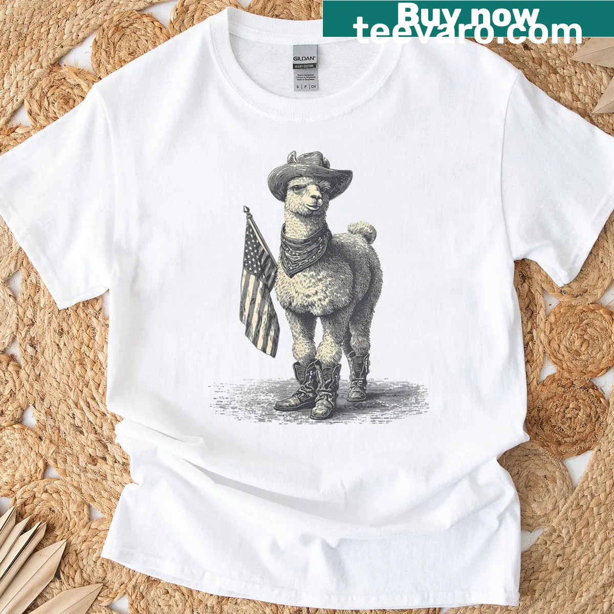 Vintage-style tee with cowboy alpaca and rodeo theme — on a men's t-shirt