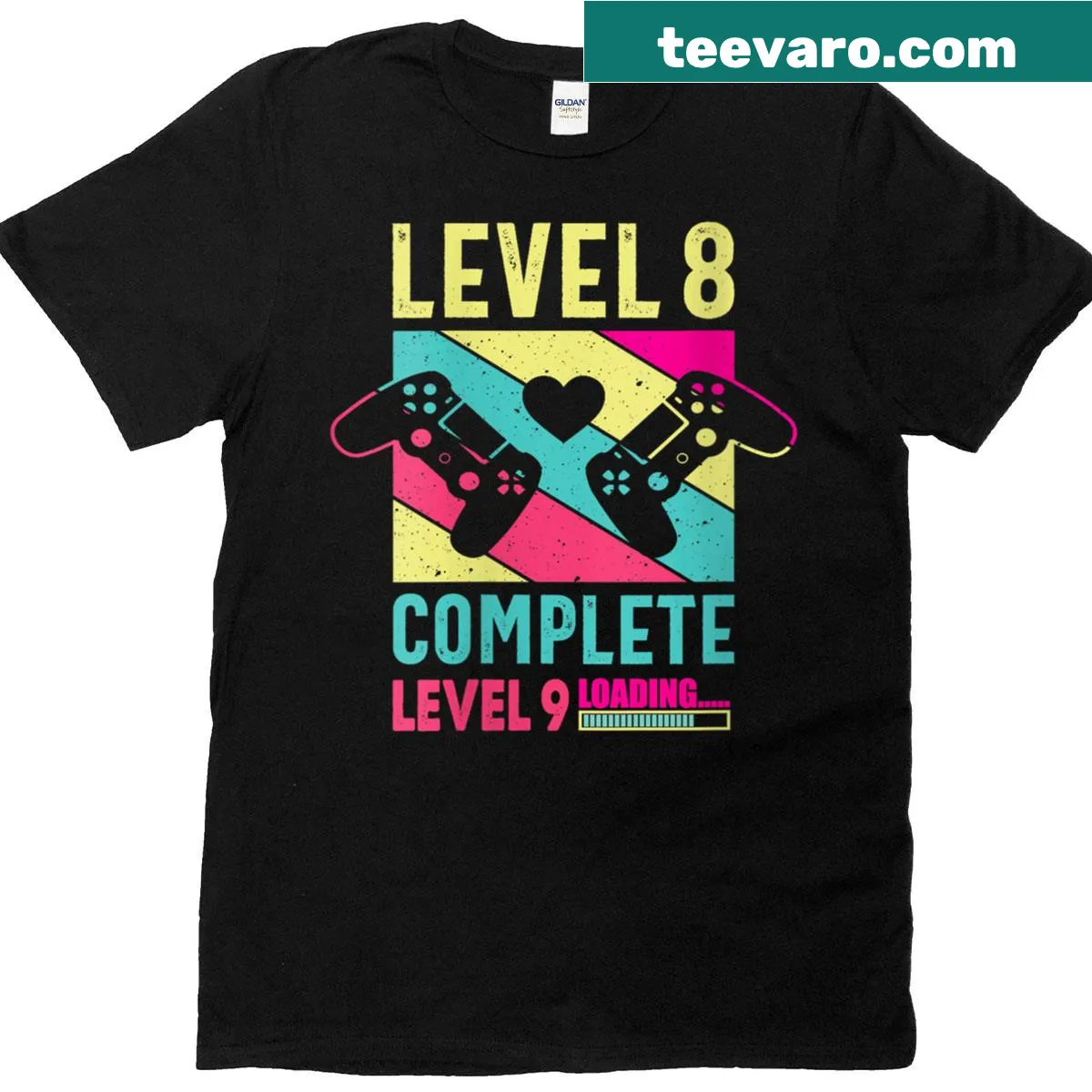 Funny gamer girl anniversary t-shirt with 'Level 8 Complete' text — on a men's t-shirt